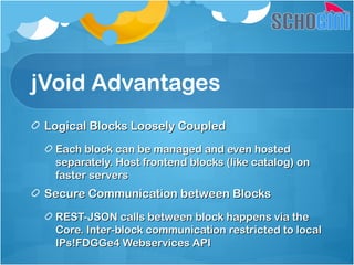 jVoid Advantages
Logical Blocks Loosely CoupledLogical Blocks Loosely Coupled
Each block can be managed and even hostedEach block can be managed and even hosted
separately. Host frontend blocks (like catalog) onseparately. Host frontend blocks (like catalog) on
faster serversfaster servers
Secure Communication between BlocksSecure Communication between Blocks
REST-JSON calls between block happens via theREST-JSON calls between block happens via the
Core. Inter-block communication restricted to localCore. Inter-block communication restricted to local
IPs!FDGGe4 Webservices APIIPs!FDGGe4 Webservices API
 