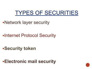 TYPES OF SECURITIES
Network layer security
Internet Protocol Security
Security token
Electronic mail security
4
 