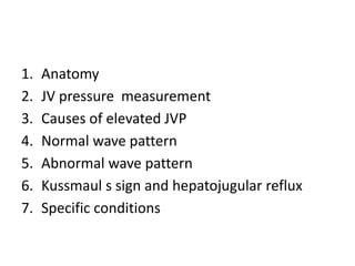 1. Anatomy
2. JV pressure measurement
3. Causes of elevated JVP
4. Normal wave pattern
5. Abnormal wave pattern
6. Kussmaul s sign and hepatojugular reflux
7. Specific conditions
 