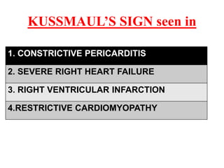 KUSSMAUL’S SIGN seen in
1. CONSTRICTIVE PERICARDITIS
2. SEVERE RIGHT HEART FAILURE
3. RIGHT VENTRICULAR INFARCTION
4.RESTRICTIVE CARDIOMYOPATHY
 
