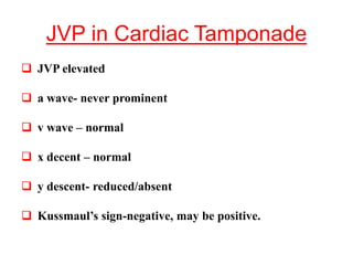 JVP in Cardiac Tamponade
 JVP elevated
 a wave- never prominent
 v wave – normal
 x decent – normal
 y descent- reduced/absent
 Kussmaul’s sign-negative, may be positive.
 