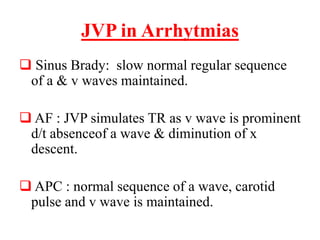 JVP in Arrhytmias
 Sinus Brady: slow normal regular sequence
of a & v waves maintained.
 AF : JVP simulates TR as v wave is prominent
d/t absenceof a wave & diminution of x
descent.
 APC : normal sequence of a wave, carotid
pulse and v wave is maintained.
 