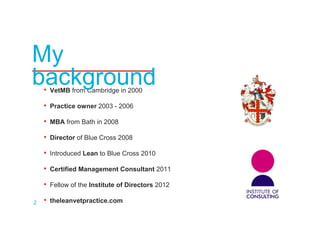 • VetMB from Cambridge in 2000
• Practice owner 2003 - 2006
• MBA from Bath in 2008
• Director of Blue Cross 2008
• Introduced Lean to Blue Cross 2010
• Certified Management Consultant 2011
• Fellow of the Institute of Directors 2012
• theleanvetpractice.com
My
background
2
 