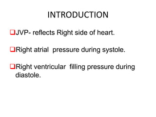 INTRODUCTION
JVP- reflects Right side of heart.
Right atrial pressure during systole.
Right ventricular filling pressure during
diastole.
 