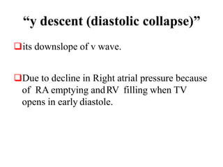 “y descent (diastolic collapse)”
its downslope of v wave.
Due to decline in Right atrial pressure because
of RA emptying andRV filling when TV
opens in early diastole.
 