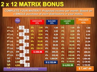 2 x 12 MATRIX BONUS
COMPLETE YOUR MATRIX!!! Projected income per month. Based on
a SINGLE purchase of each distributors in your matrix.
YOU
1st LvL
2nd LvL
3rd LvL
4th LvL
5th LvL
6th LvL
7th LvL
8th LvL
9th LvL
10th
LvL
11th
LvL
12th
LvL
2
4
8
16
32
64
128
256
512
1,024
2,048
4,096
2%
2%
3%
4%
4%
4%
4%
1.04
2.08
6.24
16.64
33.28
66.56
133.12
$ 258.96
2%
2%
3%
4%
4%
4%
4%
4%
4%
4%
1.04
2.08
6.24
16.64
33.28
66.56
133.12
266.24
532.48
1,064.96
$ 2,122.64
2%
2%
3%
4%
4%
4%
4%
4%
4%
4%
4%
1.04
2.08
6.24
16.64
33.28
66.56
133.12
266.24
532.48
1,064.96
2,129.92
$ 4,252.56
2%
2%
3%
4%
4%
4%
4%
4%
4%
4%
4%
1.04
2.08
6.24
16.64
33.28
66.56
133.12
266.24
532.48
1,064.96
2,129.92
3,194.88
$ 7,447.44
ASSOCIATE
23%
BUILDER
35%
LEADER
39%
PREMIER
42%
4%
 