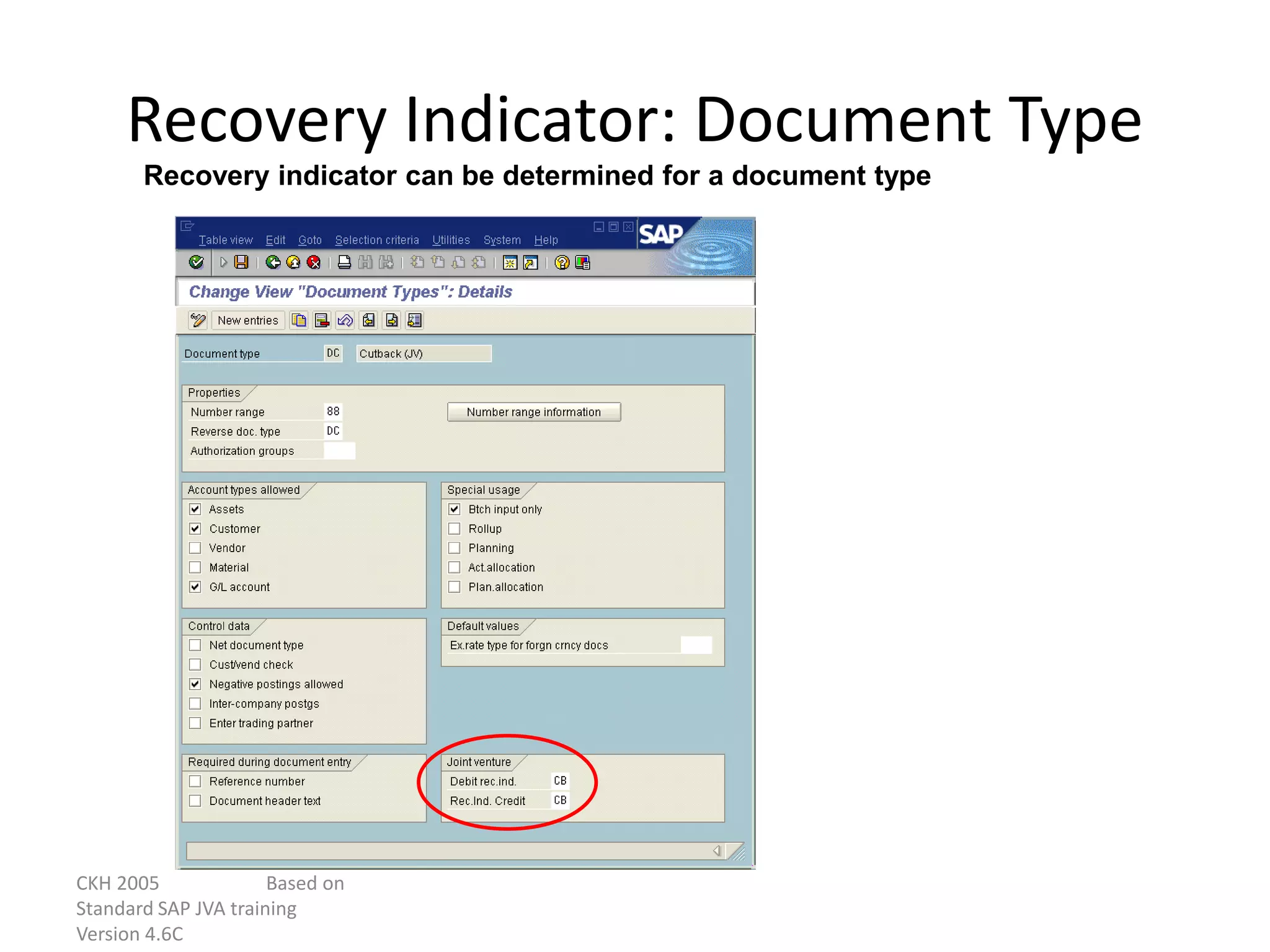 CKH 2005 Based on
Standard SAP JVA training
Version 4.6C
Recovery Indicator: Document Type
Recovery indicator can be determined for a document type
 