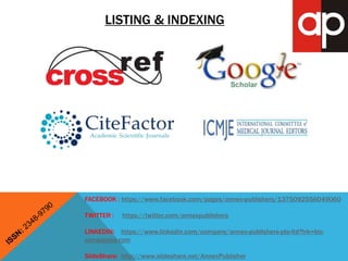 LISTING & INDEXING 
FACEBOOK : https://www.facebook.com/pages/annex-publishers/1375092556049060 
TWITTER : https://twitter.com/annexpublishers 
LINKEDIN: https://www.linkedin.com/company/annex-publishers-pte-ltd?trk=biz-companies- 
cym 
SlideShare: http://www.slideshare.net/AnnexPublisher 
 