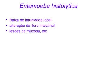 Entamoeba histolytica 
• Baixa de imunidade local, 
• alteração da flora intestinal, 
• lesões de mucosa, etc 
 