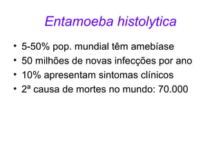 Entamoeba histolytica 
• 5-50% pop. mundial têm amebíase 
• 50 milhões de novas infecções por ano 
• 10% apresentam sintomas clínicos 
• 2ª causa de mortes no mundo: 70.000 
 