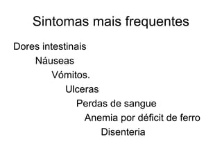 Sintomas mais frequentes 
Dores intestinais 
Náuseas 
Vómitos. 
Ulceras 
Perdas de sangue 
Anemia por déficit de ferro 
Disenteria 
 