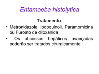 Entamoeba histolytica 
Tratamento 
• Metronidazole, Iodoquinoll, Paramomicina 
ou Furoato de diloxanida 
• Os abcessos hepáticos avançadas 
poderão ser tratados cirurgicamente 
 