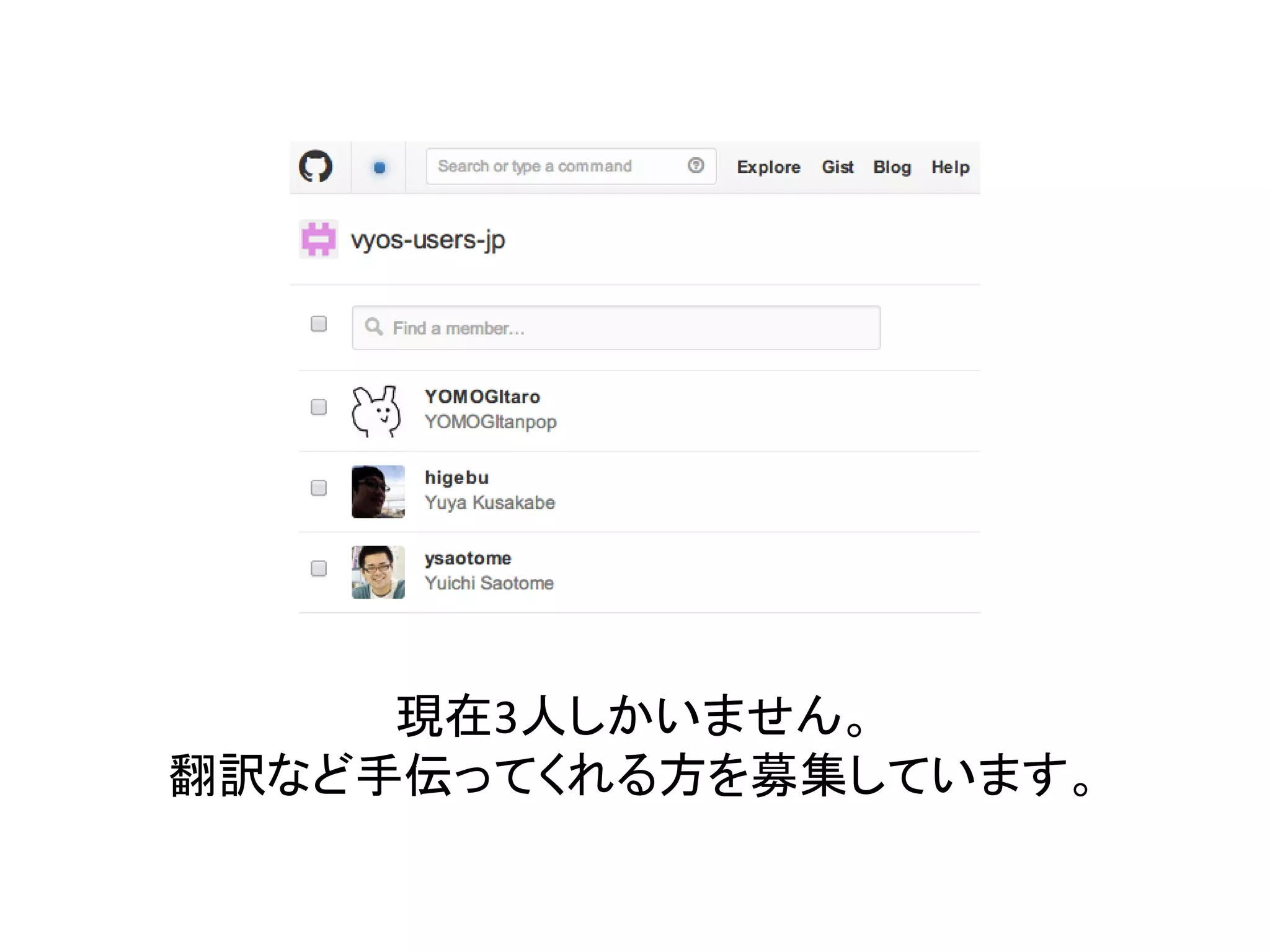 現在3人しかいません。
翻訳など手伝ってくれる方を募集しています。
 
