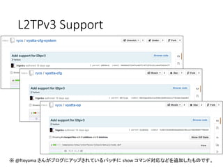 L2TPv3 Support
※ @ftoyama さんがブログにアップされているパッチに show コマンド対応などを追加したものです。
 