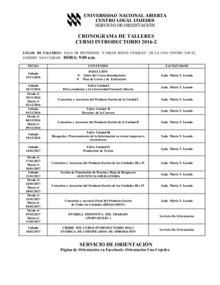 UNIVERSIDAD NACIONAL ABIERTA
CENTRO LOCAL COJEDES
SERVICIO DE ORIENTACIÓN
CRONOGRAMA DE TALLERES
CURSO INTRODUCTORIO 2016-...