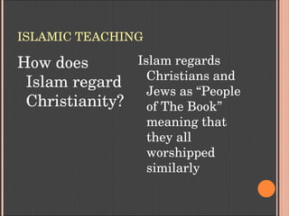ISLAMIC TEACHING
How does 
Islam regard 
Christianity?
Islam regards 
Christians and 
Jews as “People 
of The Book” 
meaning that 
they all 
worshipped 
similarly
 