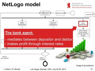 NetLogo model

The bank agent:
- mediates between depositor and debtor
- makes profit through interest rates

Image © jscr...