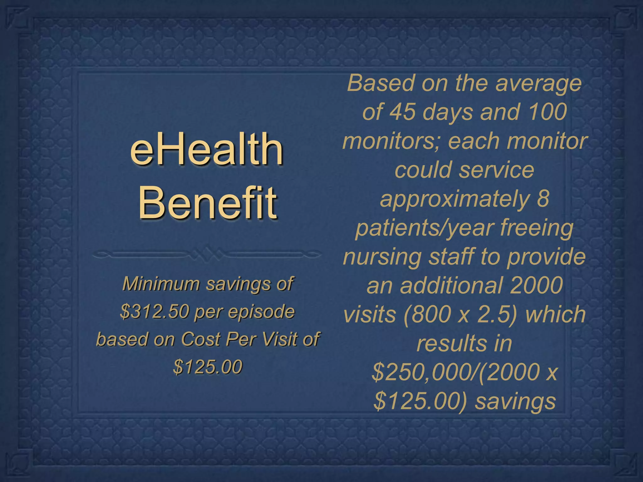 eHealth BenefitMinimum savings of $312.50 per episode based on Cost Per Visit of $125.00Based on the average of 45 days and 100 monitors; each monitor could service approximately 8 patients/year freeing nursing staff to provide an additional 2000 visits (800 x 2.5) which results in $250,000/(2000 x $125.00) savings