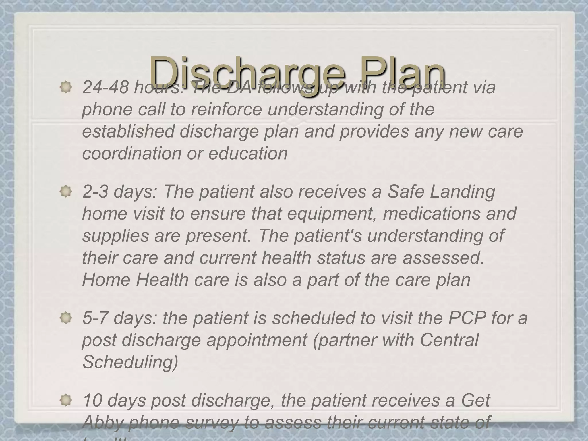 Discharge Plan24-48 hours: The DA follows up with the patient via phone call to reinforce understanding of the established discharge plan and provides any new care coordination or education2-3 days: The patient also receives a Safe Landing home visit to ensure that equipment, medications and supplies are present. The patient's understanding of their care and current health status are assessed. Home Health care is also a part of the care plan5-7 days: the patient is scheduled to visit the PCP for a post discharge appointment (partner with Central Scheduling)10 days post discharge, the patient receives a Get Abby phone survey to assess their current state of health