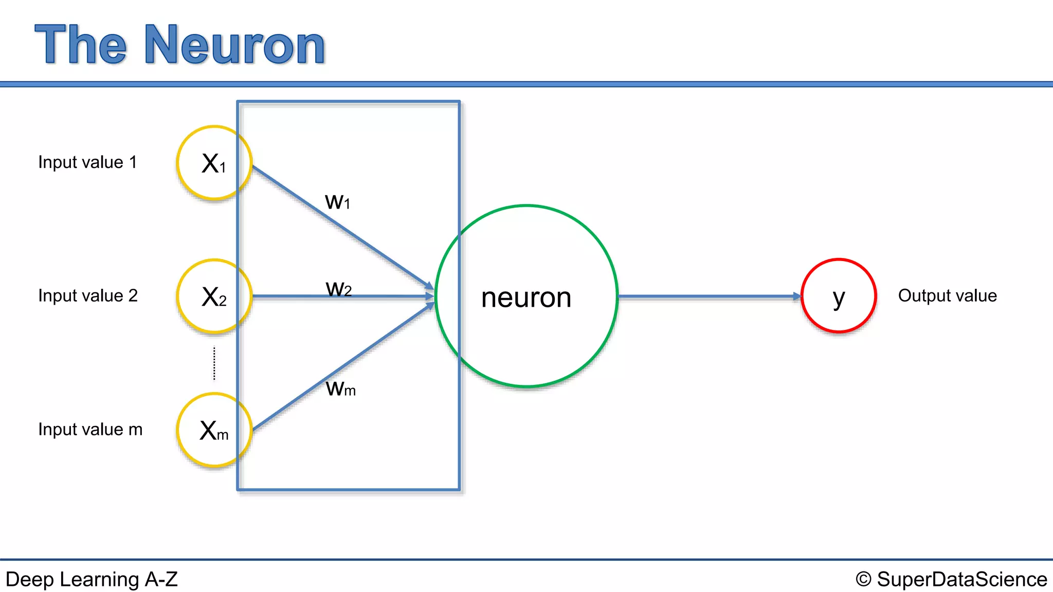 © SuperDataScienceDeep Learning A-Z
neuron
Input value 1
Input value 2
Input value m
Output value
X1
X2
Xm
y
w1
w2
wm
 