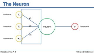 © SuperDataScienceDeep Learning A-Z
neuron
Input value 1
Input value 2
Input value m
Output value
X1
X2
Xm
y
w1
w2
wm
 