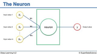 © SuperDataScienceDeep Learning A-Z
?neuron
Input value 1
Input value 2
Input value m
y
X1
X2
Xm
w1
w2
wm
Output value
 