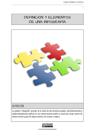 Lengua Castellana y Literatura
 
1
 
DEFINICIÓN Y ELEMENTOS  
DE UNA INFOGRAFÍA 
 
 
 
 
 
 
 
 
 
 
 
 
 
 
DEFINICIÓN 
La palabra “infografía” procede de la unión de dos términos griegos: ​info (información) y
grafía (reproducción gráfica). Es una representación gráfica o visual que surge a partir de
textos escritos y que, de alguna manera, los resume o explica.
 
www.entornoalalengua.com
 