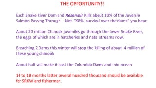 THE OPPORTUNITY!!
Each Snake River Dam and Reservoir Kills about 10% of the Juvenile
Salmon Passing Through….Not ”98% surv...