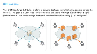 “(…) CDN is a large distributed system of servers deployed in multiple data centers across the
Internet. The goal of a CDN is to serve content to end-users with high availability and high
performance. CDNs serve a large fraction of the Internet content today (…).”, Wikipedia
CDN definition
 