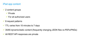  2 content groups
 Private
 For all authorized users
 8 request patterns
 TTL varies from 10 minutes to 7 days
 35/65 dynamic/static content (frequently changing JSON files vs PDFs/PNGs)
 All REST API responses are private
iPad app content
 