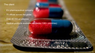 The client
 EU pharmaceutical company
 75 offices across the globe
 Over 40 000 employees
 Medical products available worldwide (180+ countries)
www.flickr.com/photos/worak/2258271659
 
