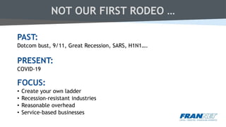 NOT OUR FIRST RODEO …
PAST:
Dotcom bust, 9/11, Great Recession, SARS, H1N1….
PRESENT:
COVID-19
FOCUS:
• Create your own ladder
• Recession-resistant industries
• Reasonable overhead
• Service-based businesses
 
