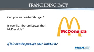 Can you make a hamburger?
Is your hamburger better than
McDonald’s?
If it is not the product, then what is it?
FRANCHISING FACT
 