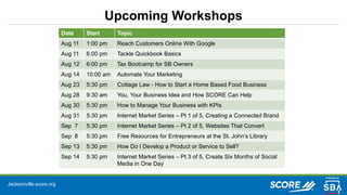 Jacksonville.score.org
Upcoming Workshops
Date Start Topic
Aug 11 1:00 pm Reach Customers Online With Google
Aug 11 6:00 pm Tackle Quickbook Basics
Aug 12 6:00 pm Tax Bootcamp for SB Owners
Aug 14 10:00 am Automate Your Marketing
Aug 23 5:30 pm Cottage Law - How to Start a Home Based Food Business
Aug 28 9:30 am You, Your Business Idea and How SCORE Can Help
Aug 30 5:30 pm How to Manage Your Business with KPIs
Aug 31 5:30 pm Internet Market Series – Pt 1 of 5, Creating a Connected Brand
Sep 7 5:30 pm Internet Market Series – Pt 2 of 5, Websites That Convert
Sep 8 5:30 pm Free Resources for Entrepreneurs at the St. John’s Library
Sep 13 5:30 pm How Do I Develop a Product or Service to Sell?
Sep 14 5:30 pm Internet Market Series – Pt 3 of 5, Create Six Months of Social
Media in One Day
 