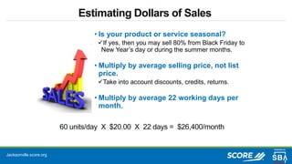 Jacksonville.score.org
Estimating Dollars of Sales
• Is your product or service seasonal?
If yes, then you may sell 80% from Black Friday to
New Year’s day or during the summer months.
• Multiply by average selling price, not list
price.
Take into account discounts, credits, returns.
• Multiply by average 22 working days per
month.
60 units/day X $20.00 X 22 days = $26,400/month
 