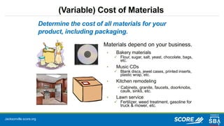 Jacksonville.score.org
(Variable) Cost of Materials
Materials depend on your business.
• Bakery materials
 Flour, sugar, salt, yeast, chocolate, bags,
etc.
• Music CDs
 Blank discs, jewel cases, printed inserts,
plastic wrap, etc.
• Kitchen remodeling
Cabinets, granite, faucets, doorknobs,
caulk, sinks, etc.
• Lawn service
 Fertilizer, weed treatment, gasoline for
truck & mower, etc.
Determine the cost of all materials for your
product, including packaging.
 