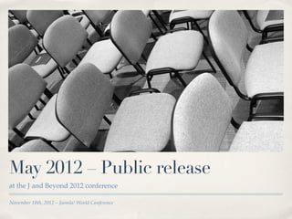 May 2012 – Public release
at the J and Beyond 2012 conference

November 18th, 2012 – Joomla! World Conference
 