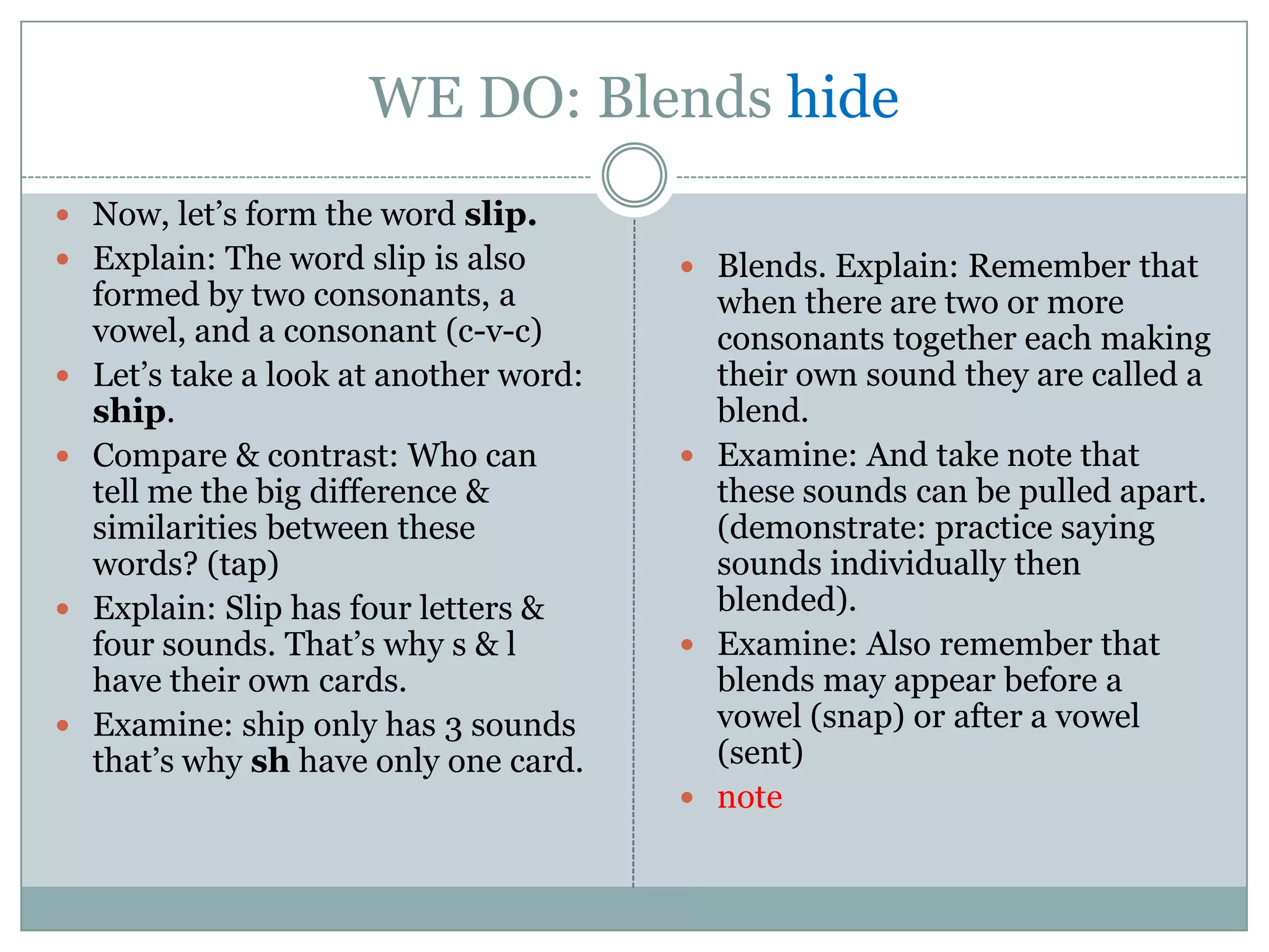 WE DO: Blends hideNow, let’s form the word slip.Explain: The word slip is also formed by two consonants, a vowel, and a consonant (c-v-c)Let’s take a look at another word: ship.Compare & contrast: Who can tell me the big difference & similarities between these words? (tap)Explain: Slip has four letters & four sounds. That’s why s & l have their own cards.Examine: ship only has 3 sounds that’s why sh have only one card.Blends. Explain: Remember that when there are two or more consonants together each making their own sound they are called a blend.Examine: And take note that these sounds can be pulled apart. (demonstrate: practice saying sounds individually then blended).Examine: Also remember that blends may appear before a vowel (snap) or after a vowel (sent)note
