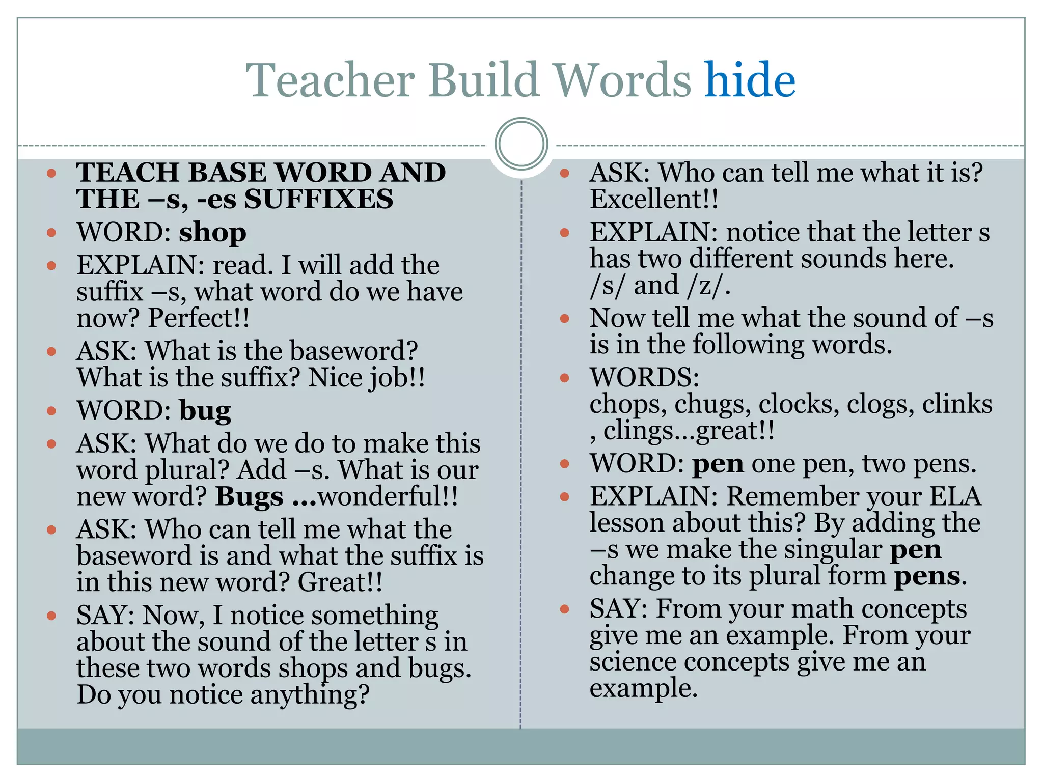 Teacher Build Words hide
 TEACH BASE WORD AND                     ASK: Who can tell me what it is?
    THE –s, -es SUFFIXES                     Excellent!!
   WORD: shop                              EXPLAIN: notice that the letter s
   EXPLAIN: read. I will add the            has two different sounds here.
    suffix –s, what word do we have          /s/ and /z/.
    now? Perfect!!                          Now tell me what the sound of –s
   ASK: What is the baseword?               is in the following words.
    What is the suffix? Nice job!!          WORDS:
   WORD: bug                                chops, chugs, clocks, clogs, clinks
   ASK: What do we do to make this          , clings…great!!
    word plural? Add –s. What is our        WORD: pen one pen, two pens.
    new word? Bugs …wonderful!!             EXPLAIN: Remember your ELA
   ASK: Who can tell me what the            lesson about this? By adding the
    baseword is and what the suffix is       –s we make the singular pen
    in this new word? Great!!                change to its plural form pens.
   SAY: Now, I notice something            SAY: From your math concepts
    about the sound of the letter s in       give me an example. From your
    these two words shops and bugs.          science concepts give me an
    Do you notice anything?                  example.
 