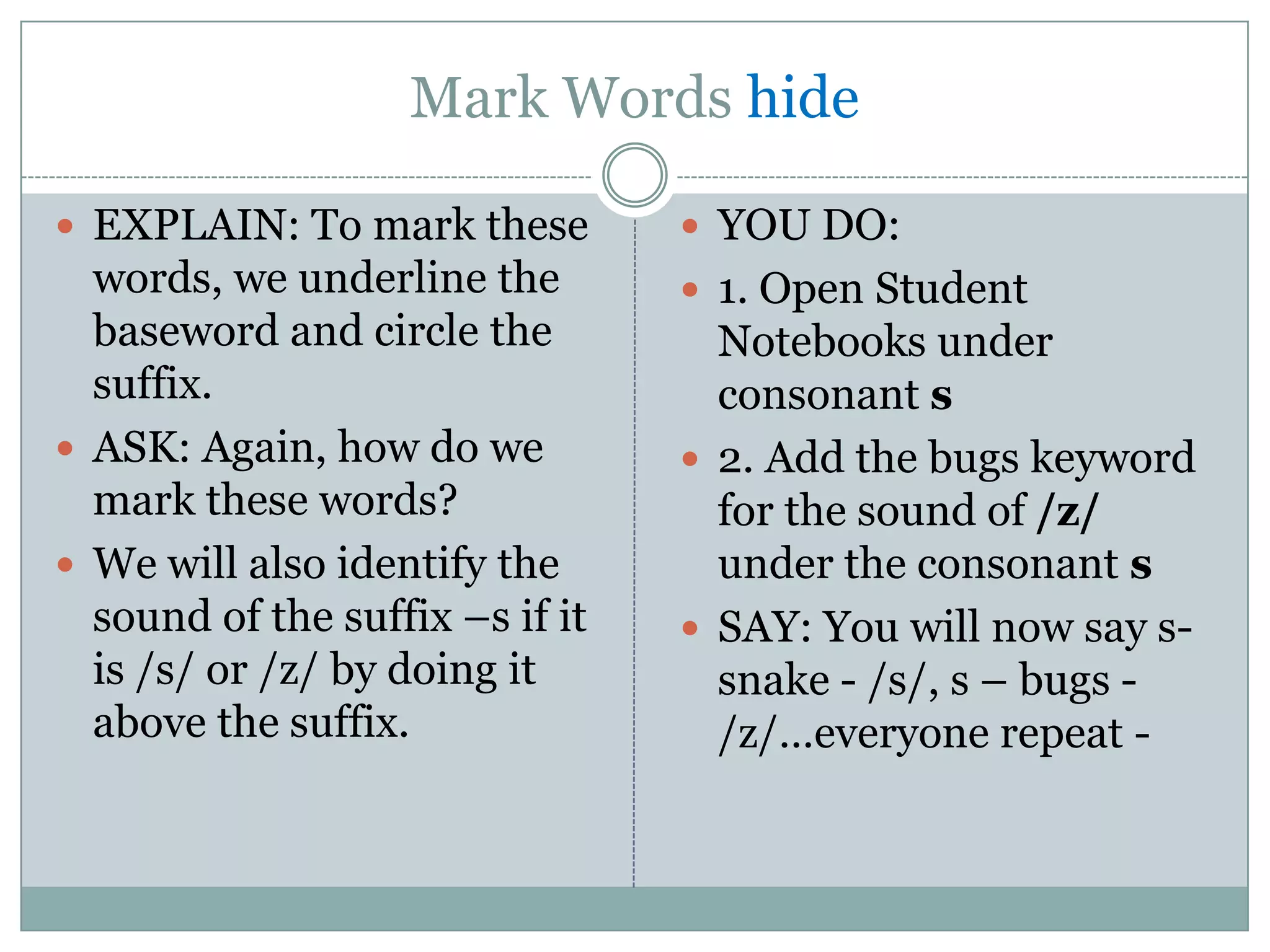 Mark Words hide

 EXPLAIN: To mark these          YOU DO:
  words, we underline the         1. Open Student
  baseword and circle the          Notebooks under
  suffix.                          consonant s
 ASK: Again, how do we           2. Add the bugs keyword
  mark these words?                for the sound of /z/
 We will also identify the        under the consonant s
  sound of the suffix –s if it    SAY: You will now say s-
  is /s/ or /z/ by doing it        snake - /s/, s – bugs -
  above the suffix.                /z/…everyone repeat -
 