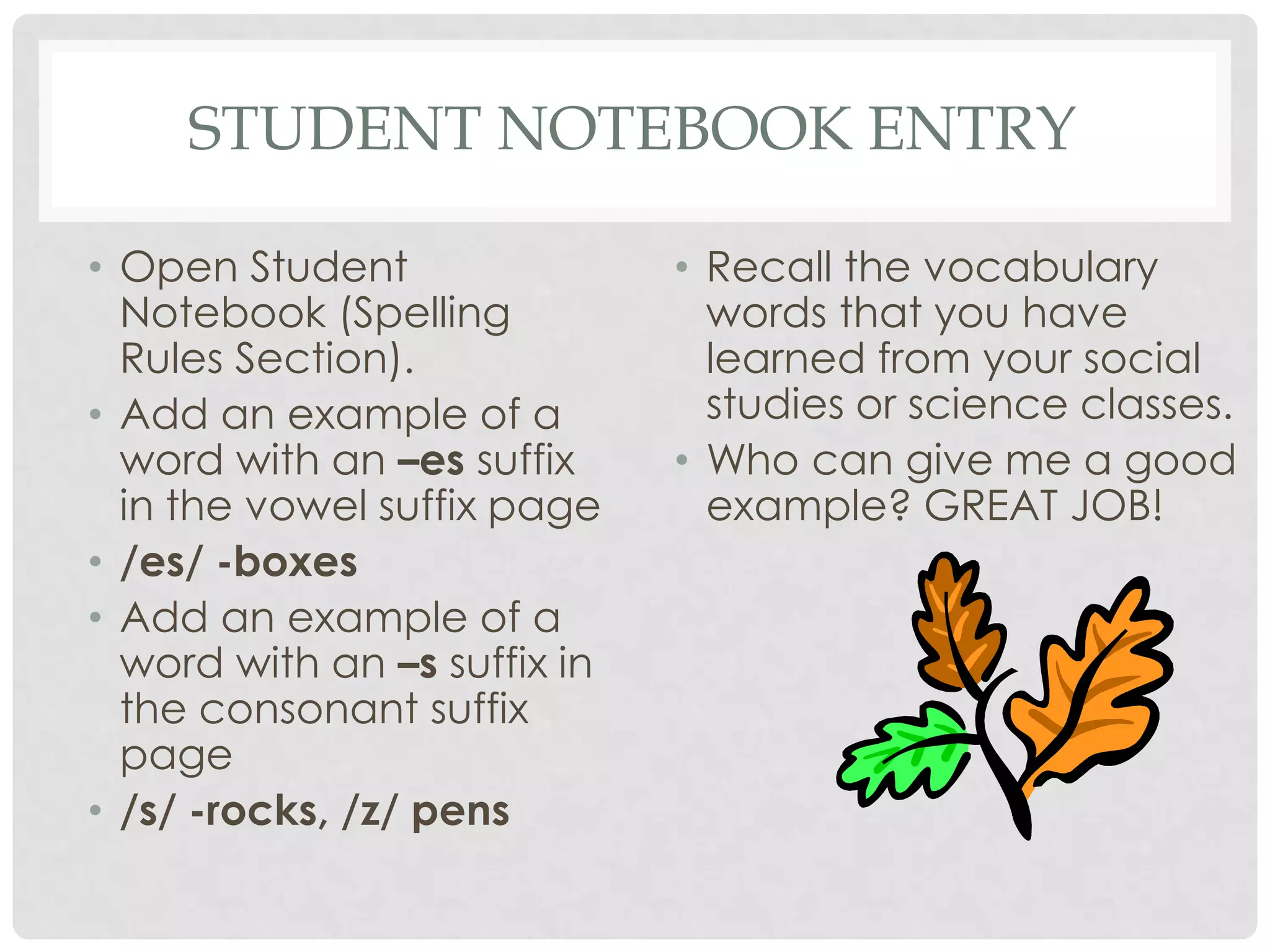 STUDENT NOTEBOOK ENTRY

• Open Student                • Recall the vocabulary
  Notebook (Spelling            words that you have
  Rules Section).               learned from your social
• Add an example of a           studies or science classes.
  word with an –es suffix     • Who can give me a good
  in the vowel suffix page      example? GREAT JOB!
• /es/ -boxes
• Add an example of a
  word with an –s suffix in
  the consonant suffix
  page
• /s/ -rocks, /z/ pens
 