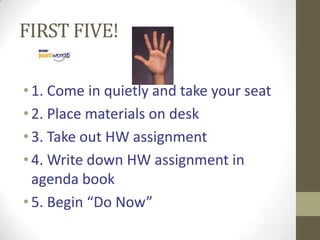 FIRST FIVE!1. Come in quietly and take your seat2. Place materials on desk3. Take out HW assignment4. Write down HW assignment in agenda book5. Begin “Do Now” 
