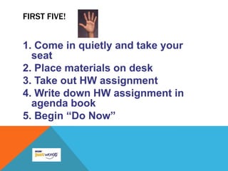 FIRST FIVE!


1. Come in quietly and take your
  seat
2. Place materials on desk
3. Take out HW assignment
4. Write down HW assignment in
  agenda book
5. Begin “Do Now”
 