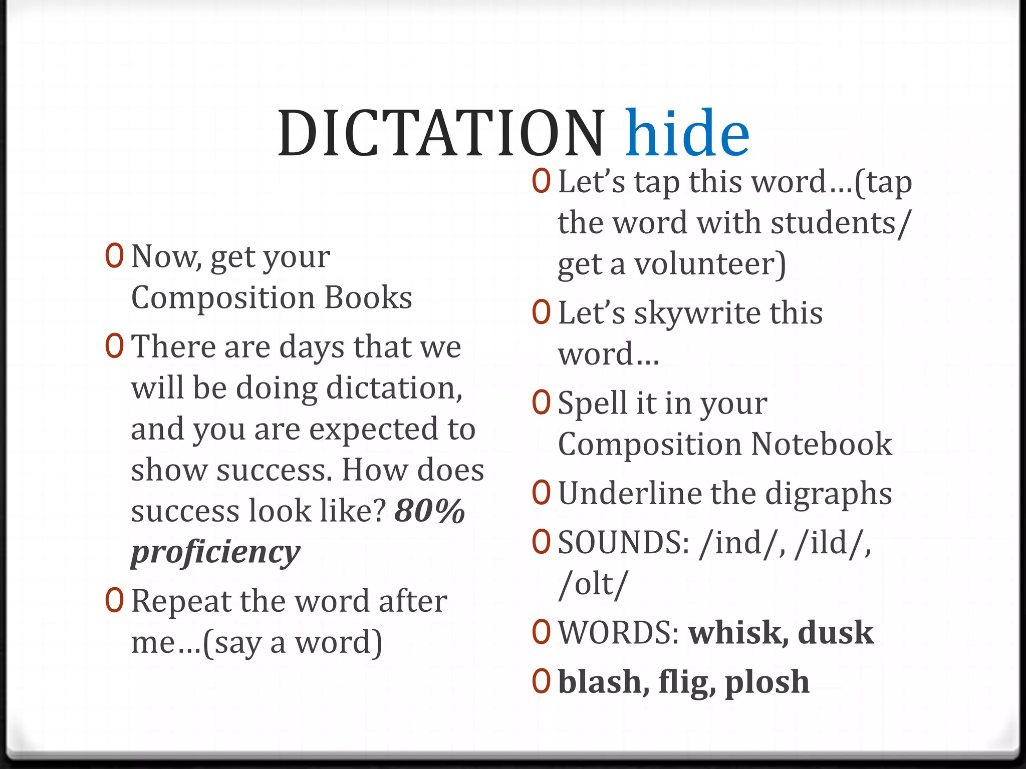 Time for Word Talk! hideLet’s tap these words and read them:scrapstruckstrapstrumsplitsprintscriptstrutWho wants to volunteer to tap a word? How many letters? Sounds? Tap. What is the blend?What does it mean to you? Can you use it in a sentence?Let’s try another word…