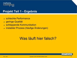 Projekt Teil 1 - Ergebnis





schlechte Performance
geringe Qualität
schleppende Kommunikation
instabiler Prozess (häufige Änderungen)

Was läuft hier falsch?

Titel - Autor

Copyright © 2007 MATHEMA Software GmbH

14

 