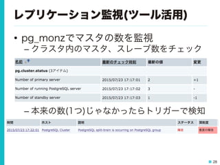 28
レプリケーション監視(ツール活用)
•  pg_monzでマスタの数を監視
– クラスタ内のマスタ、スレーブ数をチェック
– 本来の数(1つ)じゃなかったらトリガーで検知
 