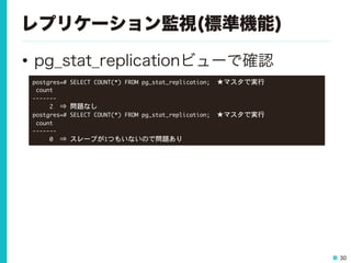 30
レプリケーション監視(標準機能)
•  pg_stat_replicationビューで確認
postgres=#	 SELECT	 COUNT(*)	 FROM	 pg_stat_replication;　★マスタで実行

	 count	 

-------

	 	 	 	 	 2　⇒	 問題なし

postgres=#	 SELECT	 COUNT(*)	 FROM	 pg_stat_replication;　★マスタで実行

	 count	 

-------

	 	 	 	 	 0　⇒	 スレーブが1つもいないので問題あり

 