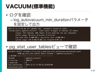 56
VACUUM(標準機能)
•  ログを確認
– log_autovacuum_min_durationパラメータ
を設定して出力
•  pg_stat_user_tablesビューで確認
2015-11-12	 13:36:30	 JST	 [10188]	 LOG:	 	 automatic	 vacuum	 of	 table	 
"testdb.public.pgbench_tellers":	 index	 scans:	 0	 pages:	 0	 removed,	 25	 remain

	 	 	 	 	 	 	 	 tuples:	 533	 removed,	 100	 remain,	 0	 are	 dead	 but	 not	 yet	 removable

	 	 	 	 	 	 	 	 buffer	 usage:	 86	 hits,	 0	 misses,	 0	 dirtied

	 	 	 	 	 	 	 	 avg	 read	 rate:	 0.000	 MB/s,	 avg	 write	 rate:	 0.000	 MB/s

	 	 	 	 	 	 	 	 system	 usage:	 CPU	 0.00s/0.00u	 sec	 elapsed	 0.00	 sec

testdb=#	 SELECT	 relname,n_live_tup,n_dead_tup,last_autovacuum,autovacuum_count	 



 

FROM	 pg_stat_user_tables	 where	 relname	 =	 'pgbench_accounts';

-[	 RECORD	 1	 ]----+------------------------------

relname	 	 	 	 	 	 	 	 	 	 |	 pgbench_accounts

n_live_tup	 	 	 	 	 	 	 |	 1002477

n_dead_tup	 	 	 	 	 	 	 |	 0

last_autovacuum	 	 |	 2015-11-12	 17:50:26.224429+09

autovacuum_count	 |	 1

 