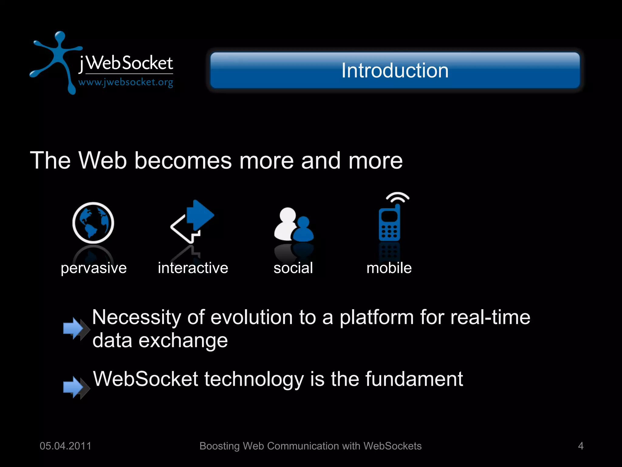 The Web becomes more and more Necessity of evolution to a platform for real-time  data exchange WebSocket technology is the fundament Boosting Web Communication with WebSockets 05.04.2011 Introduction pervasive interactive social mobile 