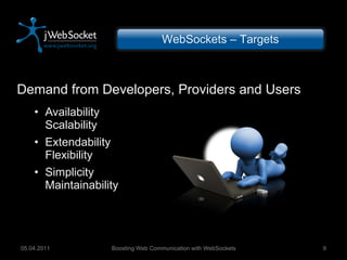 Demand from Developers, Providers and Users Availability Scalability Extendability Flexibility Simplicity Maintainability Boosting Web Communication with WebSockets 05.04.2011 WebSockets – Targets 